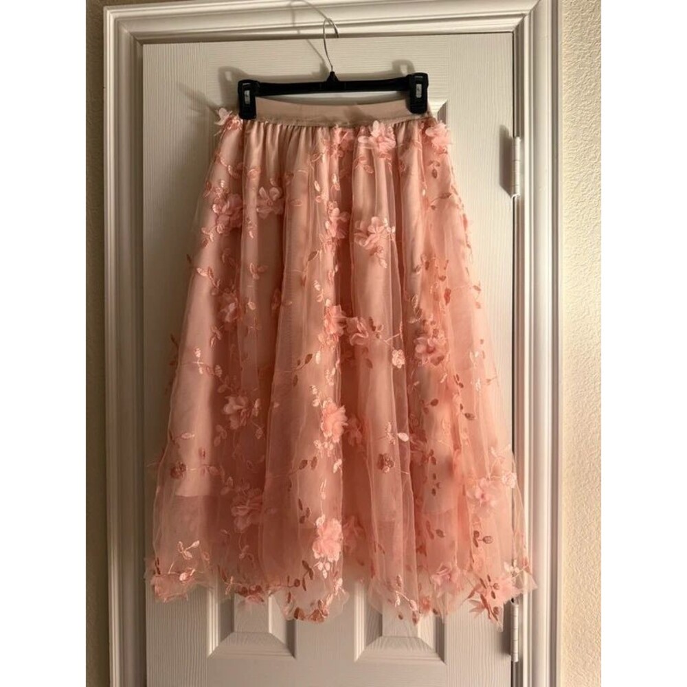 Pink 3D Floral Appliqué Mesh Tulle Midi Skirt